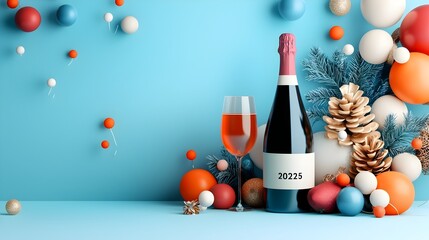 Poster - Bold 2025 text in a geometric font design surrounded by minimalist line art of festive balloons streamers and champagne glasses creating a modern abstract