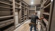 © Justlight - A builder putting the finishing touches on the enormous walkin closet with custom builtins ensuring that every detail of the home exudes luxury.