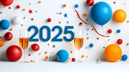 Aufkleber - Bold and Minimalist Geometric 2025 Design with Streamers Champagne Glasses and Balloons   A Conceptual Backdrop Perfect for New Year s Eve Anniversaries and Other Celebratory Events