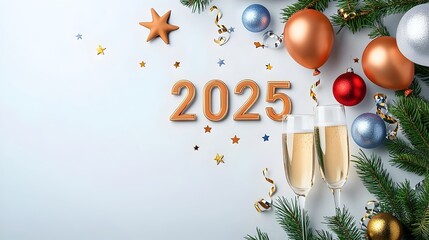 Aufkleber - Stylish and modern 2025 geometric design with minimalist line art elements of stars streamers and champagne glasses creating a sleek and celebratory backdrop perfect for ads invitations or party