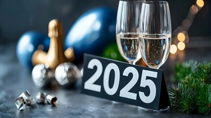 Aufkleber - Minimalist and modern design featuring the number  2025  in a geometric font complemented by line art elements such as stars champagne glasses and balloons