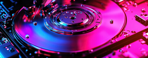 Poster - A close up of a purple and blue disk drive with a silver surface. The disk drive is surrounded by a purple and blue background, giving the image a futuristic and technological feel