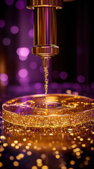 Poster - A gold colored liquid is pouring out of a gold colored tube onto a gold colored plate. The liquid is sparkling and the plate is reflecting the light. The image has a dreamy and ethereal quality to it