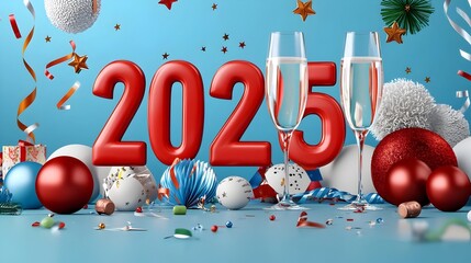 Poster - Futuristic 2025 Design with Geometric Font Champagne Glasses Stars and Streamers   Stylish Modern Backdrop Template for New Year s Eve Party Anniversary or Festive Event