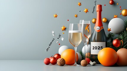Poster - Futuristic and Geometric Line Art Design with Champagne Glasses Stars and Streamers Offering a Sleek and Stylized Template for 2025 Event Announcements Invitations or Marketing Purposes