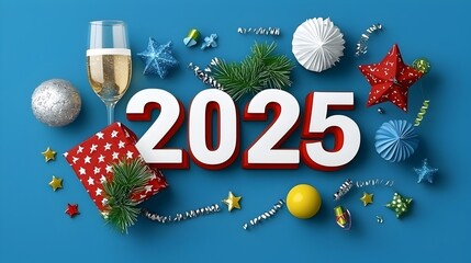 Poster - Futuristic and geometric design featuring the year 2025 in a stylized font accompanied by line art elements like champagne glasses stars and streamers