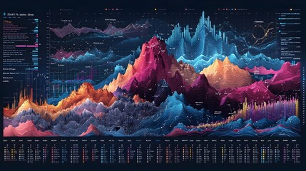 Aufkleber - Detailed and vibrant data analysis visualization showcased through the overlay of multi line charts and bold bar charts
