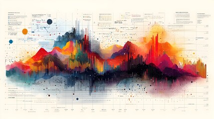 Fototapete - Detailed and Colorful Data Visualization with Intersecting Line Charts and Bar Charts on a Grid Backdrop Showcasing Intricate Data Analysis and Insightful Trends