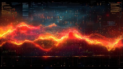 Fototapete - Detailed data graph featuring a complex design with colorful intersecting line charts and a bar chart set against a grid backdrop to highlight intricate data analysis and valuable insights
