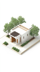 Poster - A white house with a green roof and a tree in front of it. The house is small and has a lot of windows