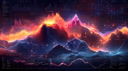 Aufkleber - Intricate data visualization featuring a combination of vibrant line charts overlaying a bar chart all set against a structured grid backdrop