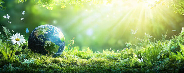 Poster - A green field with a large blue globe in the middle. The globe is surrounded by flowers and butterflies. Concept of harmony and balance between nature and the environment