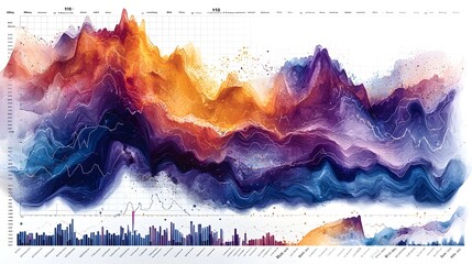 Poster - Vibrant overlapping line charts and bar charts set against a structured grid creating a detailed and intricate visualization of data analytics and financial statistics