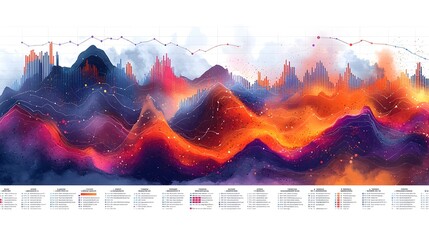 Fototapete - Detailed data visualization with vibrant overlapping line charts and bar charts set against a structured grid layout creating a complex and dynamic infographic for business analytics and reporting
