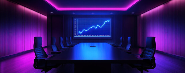 Poster - A conference room with a large projection screen and a blue wall. The room is filled with chairs and a table. The projection screen shows a graph with a downward trend. The room is dimly lit