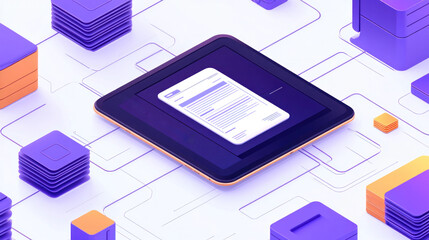 Poster - A tablet with a document on it is surrounded by a lot of blocks. The blocks are of different sizes and colors, and they are arranged in a way that creates a sense of depth and complexity
