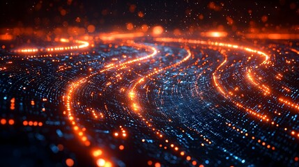 Fototapete - Glowing tech circles with flowing data streams and circuits floating on a dark backdrop representing advanced technology big data and digital innovation in a 3D abstract design