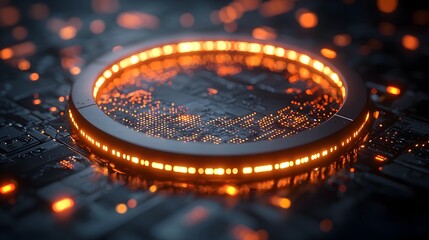 Leinwandbilder - Futuristic digital circle with dynamic data points and glowing lines placed on a dark background showcasing technology and big data concepts in a captivating 3D visualization