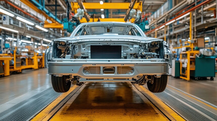 Poster - A car is being built in a factory. The car is silver and has a black grill. The car is on a conveyor belt and is being assembled