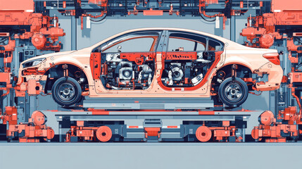 Poster - A car is being built in a factory. The car is pink and orange