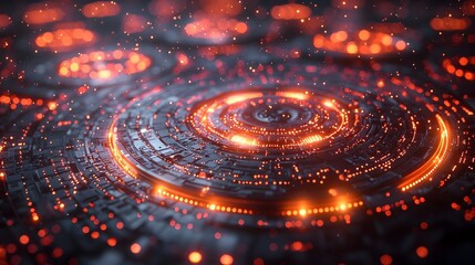 Leinwandbilder - A 3D rendered tech inspired circle with vibrant glowing digital elements layered on a dark backdrop symbolizing the dynamic and innovative nature of data processing and technological advancements