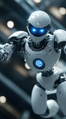 Poster - A robot with blue eyes and a blue heart on its chest. The robot is white and is standing in a dark room
