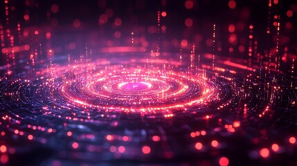 Fototapete - Futuristic 3D rendered digital circle with neon tech elements floating on a dark background representing big data and advanced technology concepts  The image conveys a sense of innovation