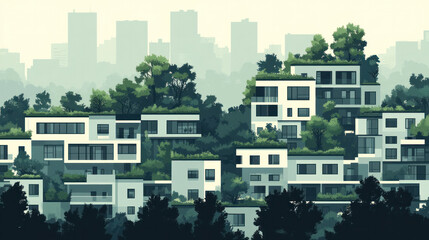 Poster - A cityscape with tall buildings and a lush green roof. The buildings are white and the sky is cloudy