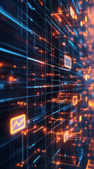 Poster - A computer screen with a lot of orange and blue lines and squares. The squares are labeled with numbers and letters
