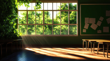 Sticker - A classroom with a green board and a window with sunlight shining through it. The room is empty except for a few chairs