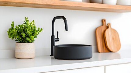 Poster - Beautifully designed modern kitchen featuring a shiny sink bar counter and neatly arranged kitchenware on open shelves all bathed in soft natural light for a clean contemporary aesthetic