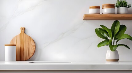 Poster - Elegant and Inviting Kitchen Interior with Light Colors Bar Counter Sink and Kitchenware Displayed on Open Shelves for a Clean and Organized Look