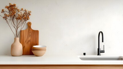 Fototapete - Stylish and inviting light filled kitchen interior with a bar counter sink and kitchenware neatly placed on open shelves creating a clean and welcoming atmosphere perfect for cooking dining