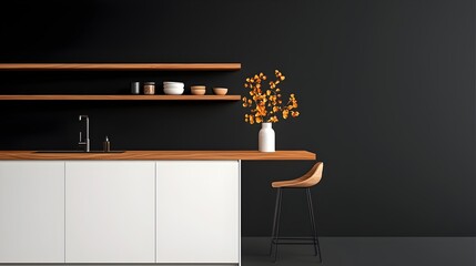 Poster - Bright and modern kitchen featuring a bar counter stylish sink and shelves filled with essential cooking and household items creating a warm and inviting cooking space