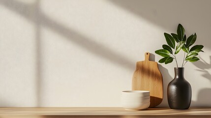 Poster - Minimalist kitchen design with a bright bar counter polished sink and kitchenware neatly placed on open shelves emphasizing a fresh clean and organized look for the modern home