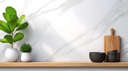 Poster - Elegant and functional contemporary home kitchen interior with light tones a stylish bar counter modern sink and kitchenware beautifully arranged on floating shelves