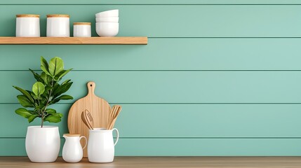 Poster - Beautifully designed light filled kitchen featuring a sleek bar counter neatly displayed kitchenware on stylish shelves and a harmonious clean interior that exudes elegance and functionality