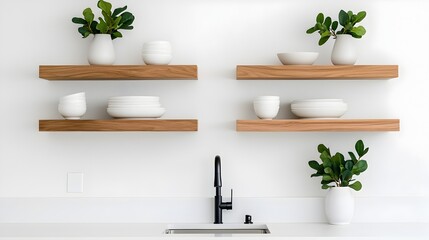 Aufkleber - Bright and inviting contemporary home kitchen with a modern minimalist design featuring a functional bar counter sleek sink and kitchenware arranged on floating shelves
