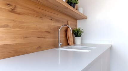 Poster - Bright and Spacious Kitchen Interior with Modern Sink Bar Counter and Neatly Arranged Shelves Filled with Kitchenware   Perfect for Contemporary Homes