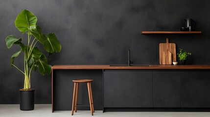 Poster - Stylish and Functional Modern Minimalist Kitchen Design with Open Shelves Bar Counter and Sink Showcasing Fresh Household Essentials in a Bright Airy Home Environment