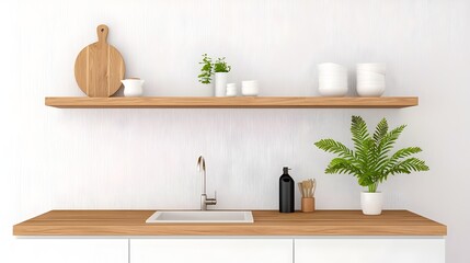 Poster - Sleek and modern kitchen design with a functional bar counter clean sink and shelves with various kitchenware perfect for home and interior photography