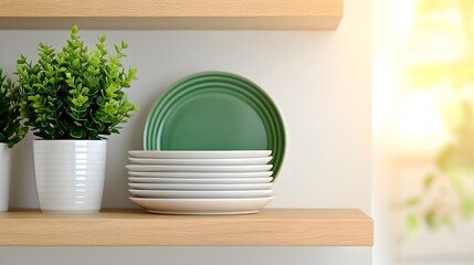 Aufkleber - Sleek and Bright Kitchen Interior with Bar Counter Sink and Neatly Displayed Kitchenware on Open Shelves Offering a Clean and Functional Space for Cooking and Dining