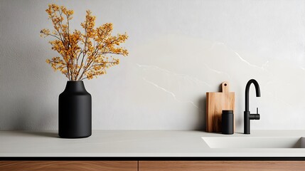 Poster - Bright and modern kitchen interior featuring a sleek bar counter sink and neatly displayed kitchenware on open shelves creating a clean and functional living space
