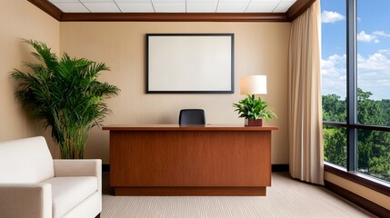 Poster - Stylish and Inviting Hotel Lobby Reception Area Showcasing a Sleek Desk and Floor to Ceiling Panoramic Windows Blending Modern and Cozy Design Elements for a Sophisticated and Welcoming Atmosphere