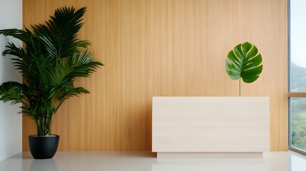 Aufkleber - Bright and inviting hotel lobby with a stylish reception desk large panoramic windows overlooking a scenic view and modern minimalist decor creating a warm and welcoming atmosphere for guests