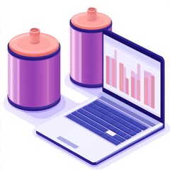 A laptop displaying a bar graph next to two cylindrical containers.