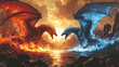 © Thiago - Epic illustration of two dragons, one of fire and one of ice, facing off in a dramatic and mystical conflict in a fantasy setting. Fire and Ice Battle. Illustration