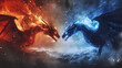 © Thiago - Epic illustration of two dragons, one of fire and one of ice, facing off in a dramatic and mystical conflict in a fantasy setting. Fire and Ice Battle. Illustration