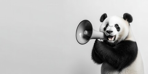 Adorable Panda Embracing a Megaphone on White Background