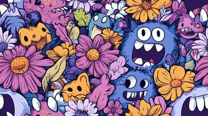 Colorful Monster Doodles Seamless Pattern with Flowers - Fun and Whimsical Design for Kids' Products, Fabrics, and Wallpapers